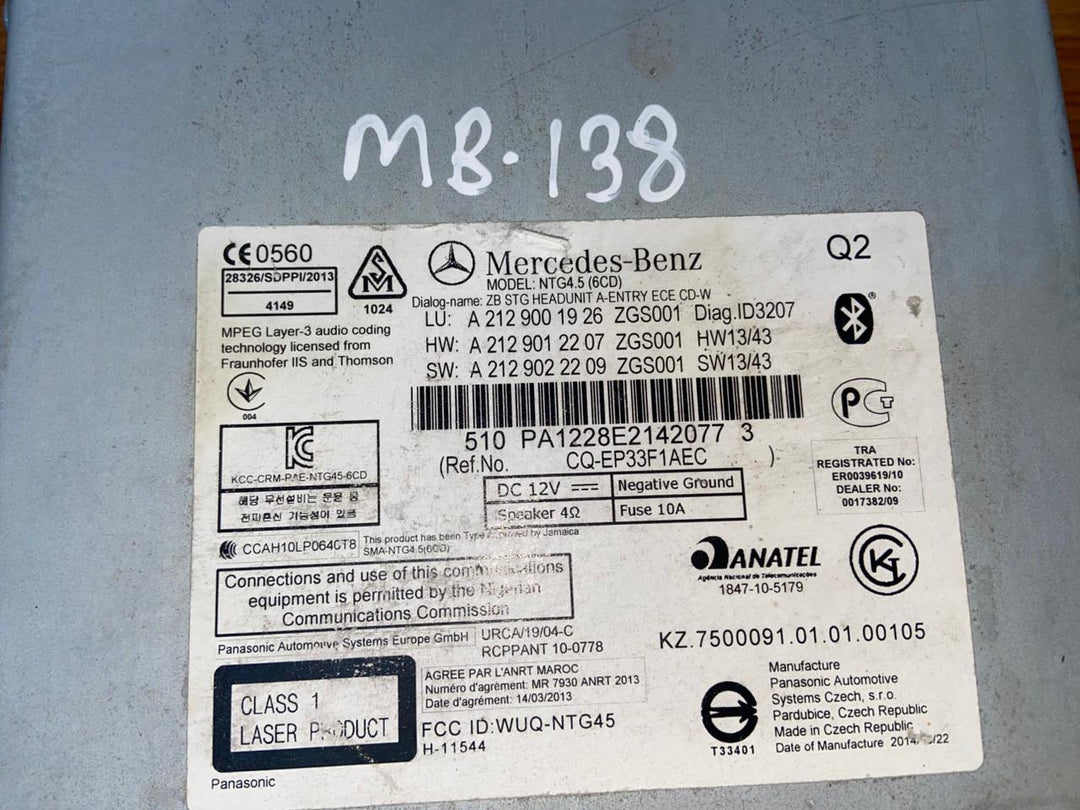 Mercedes-Benz Head Unit CD Player A2129001926 E-Class W212 OEM Radio Audio